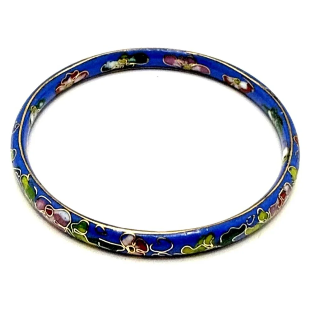 Vintage Floral Cloisonne Enamel Bangle Bracelet Pink Green Flowers on Blue 9